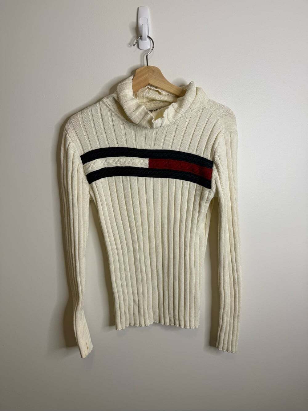 Tommy Hilfiger Cream Ribbed Turtleneck with Navy and Burgundy Stripe vintage